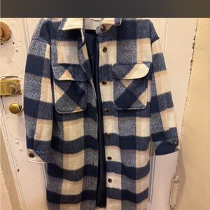 Primark Navy & Cream Plaid Longline Shacket Coat